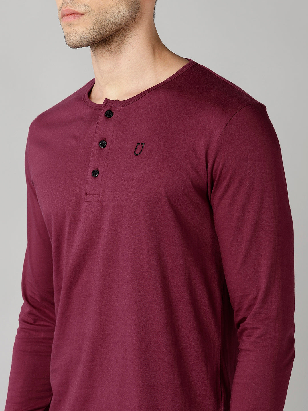 Men's Maroon Solid Henley Neck Slim Fit Full Sleeve Cotton T-Shirt