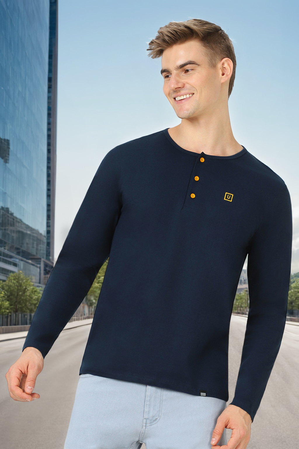 Men's Navy Blue Solid Henley Neck Slim Fit Cotton T-Shirt