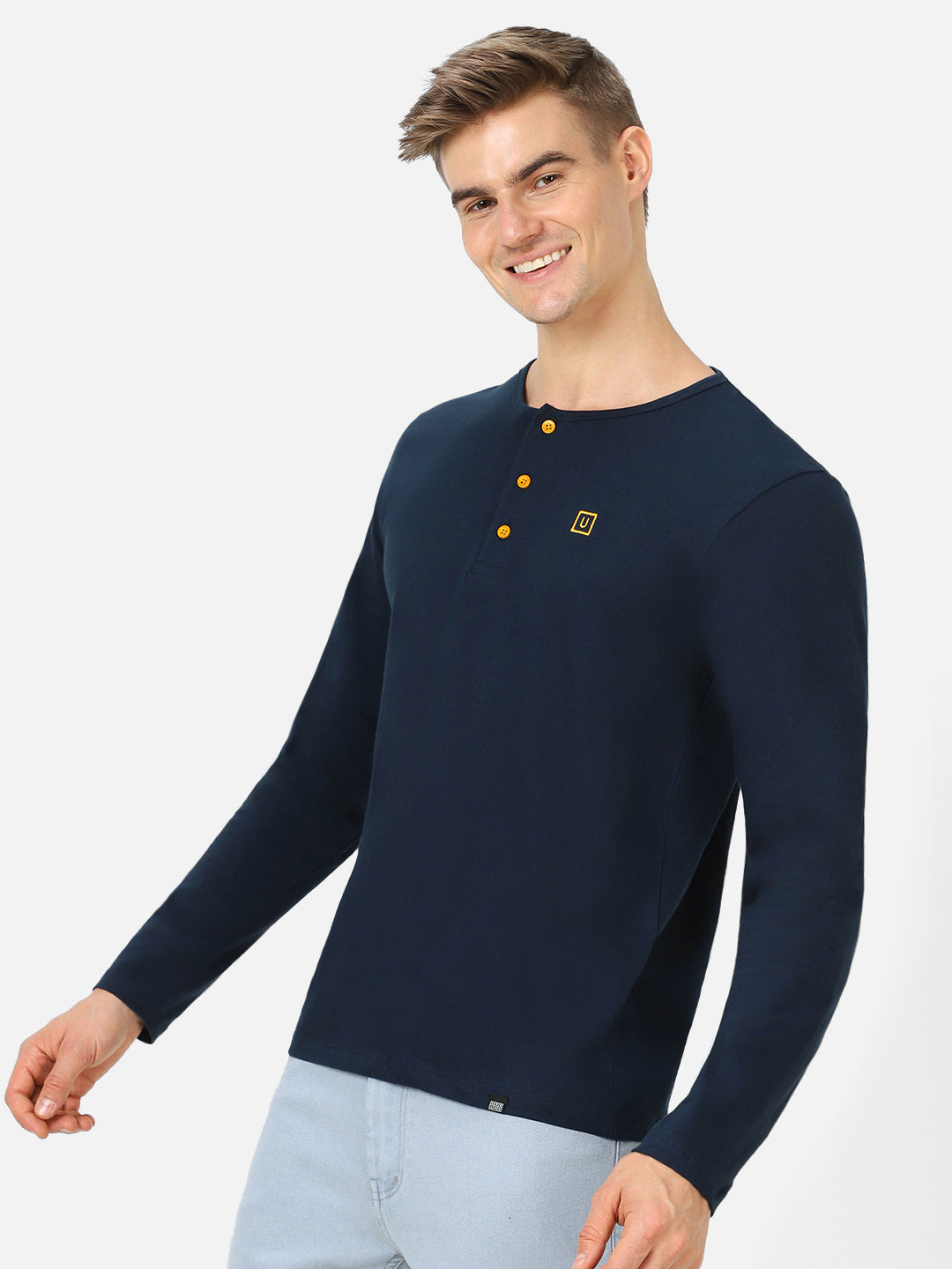 Men's Navy Blue Solid Henley Neck Slim Fit Cotton T-Shirt