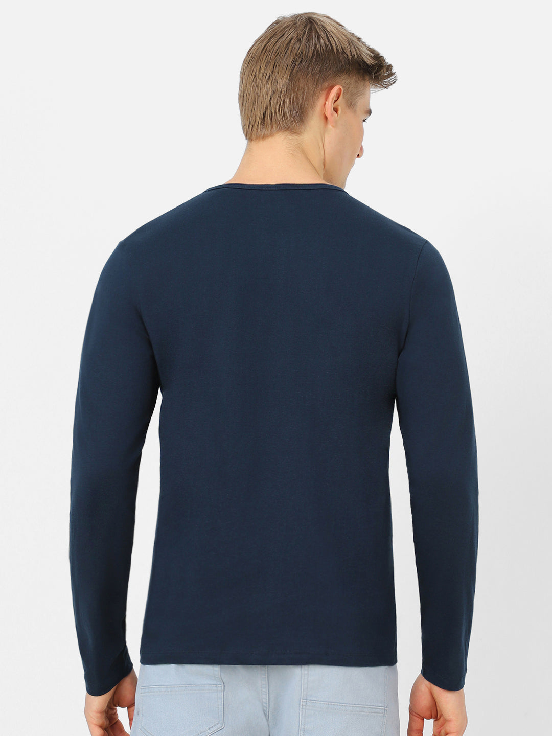 Men's Navy Blue Solid Henley Neck Slim Fit Cotton T-Shirt