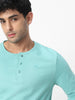 Men's Nile Blue Solid Henley Neck Slim Fit Full Sleeve Cotton T-Shirt