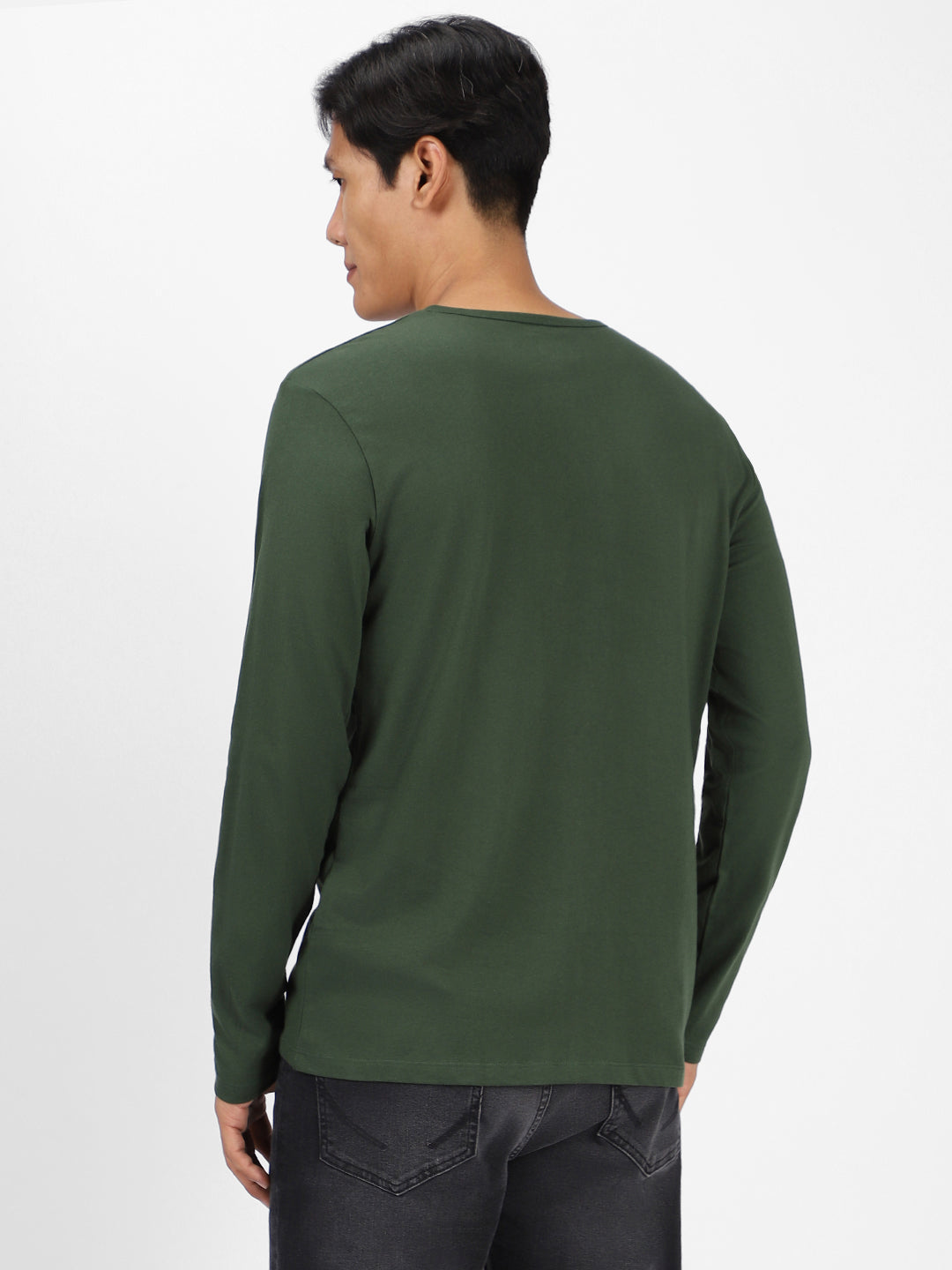 Men's Bottle Green Solid Henley Neck Slim Fit Full Sleeve Cotton T-Shirt