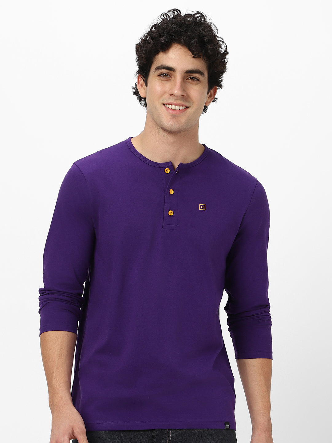 Men's Purple Solid Henley Neck Slim Fit Full Sleeve Cotton T-Shirt