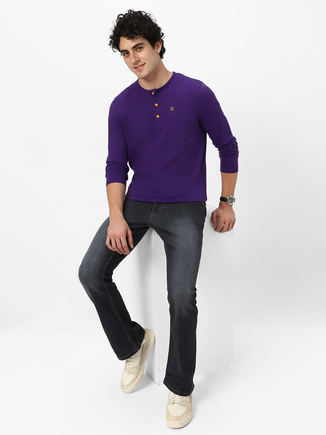 Men's Purple Solid Henley Neck Slim Fit Full Sleeve Cotton T-Shirt