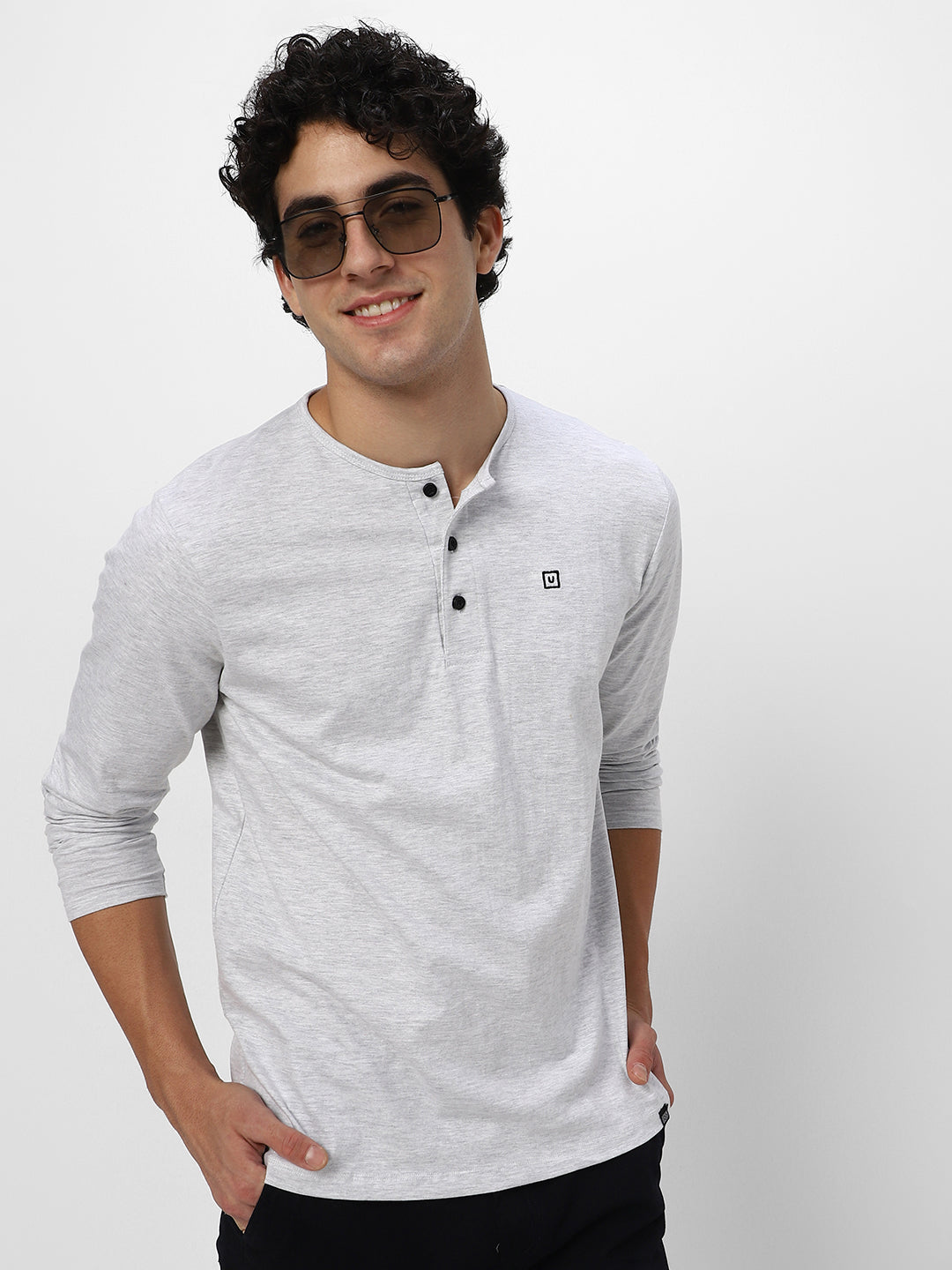 Men's White Melange Solid Henley Neck Slim Fit Full Sleeve Cotton T-Shirt