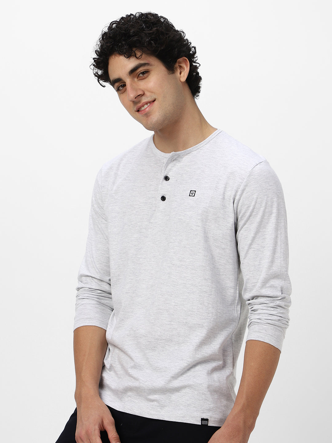 Men's White Melange Solid Henley Neck Slim Fit Full Sleeve Cotton T-Shirt