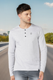 Men's White Melange Solid Henley Neck Slim Fit Full Sleeve Cotton T-Shirt