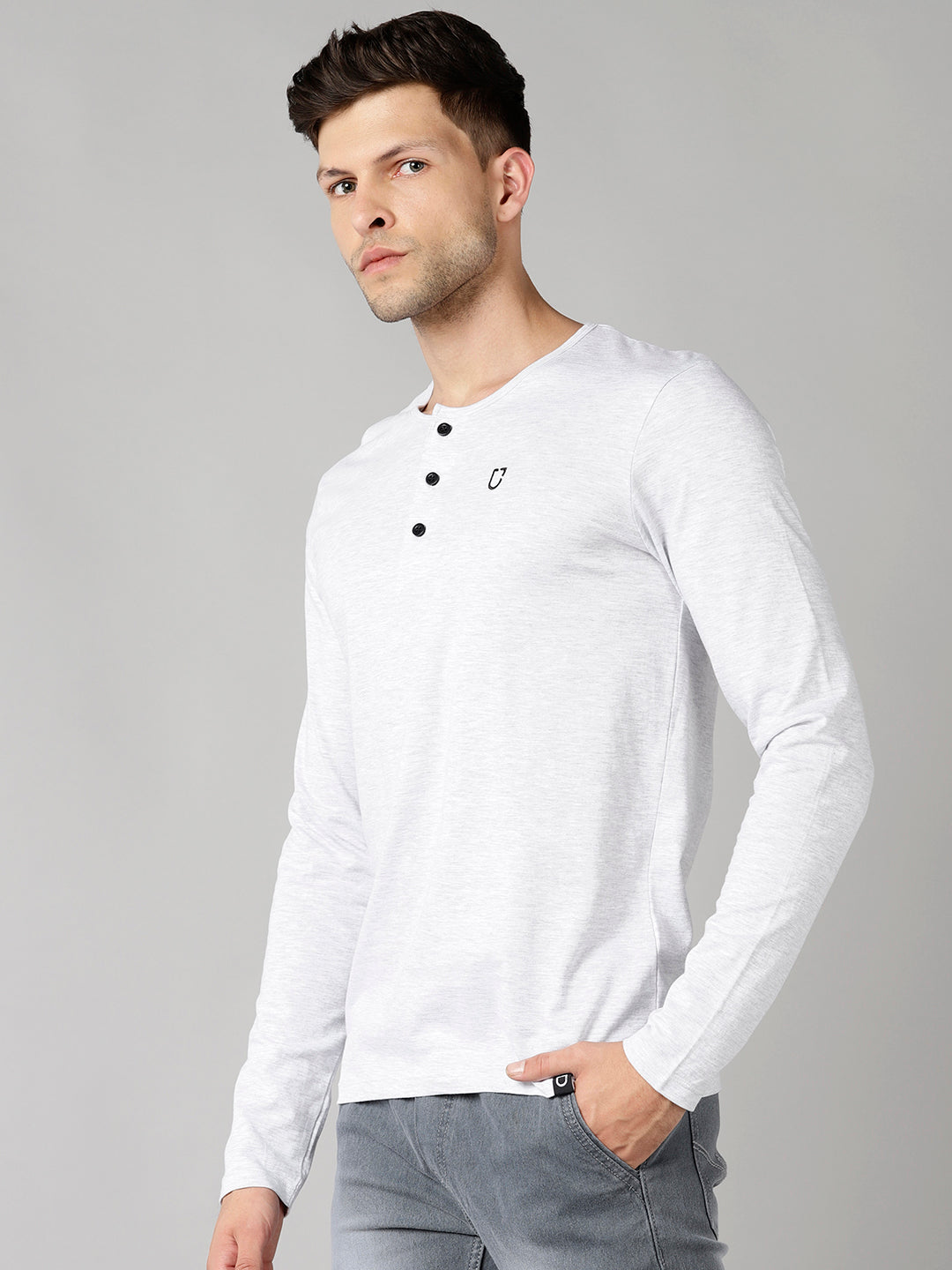 Men's White Melange Solid Henley Neck Slim Fit Full Sleeve Cotton T-Shirt