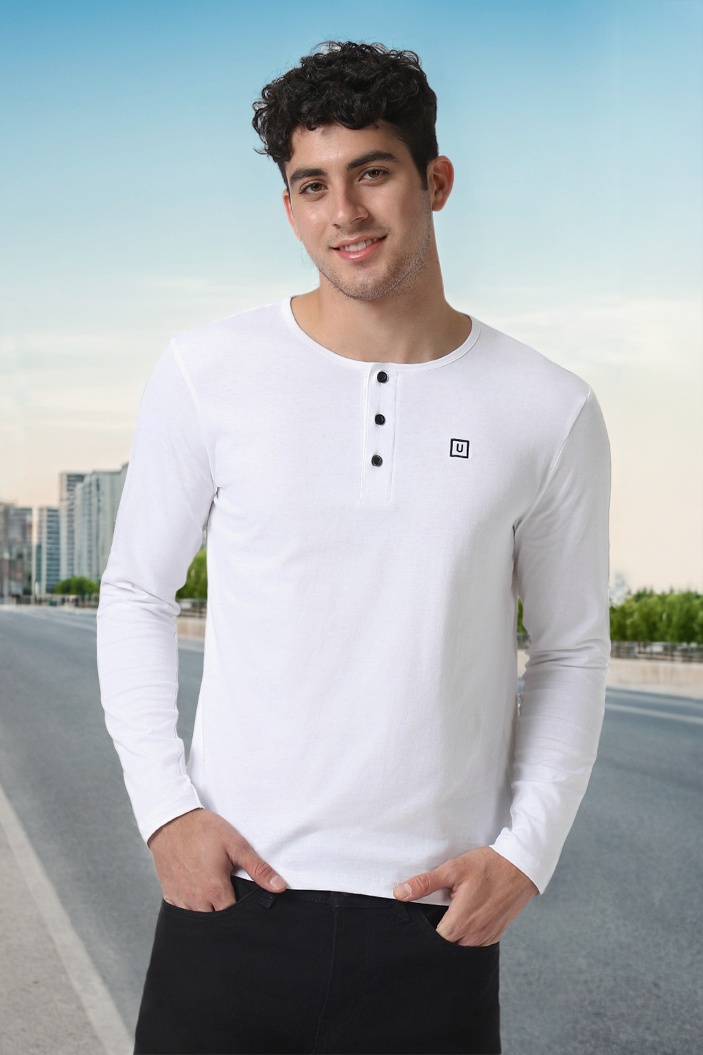 Men's White Solid Henley Neck Slim Fit Cotton T-Shirt