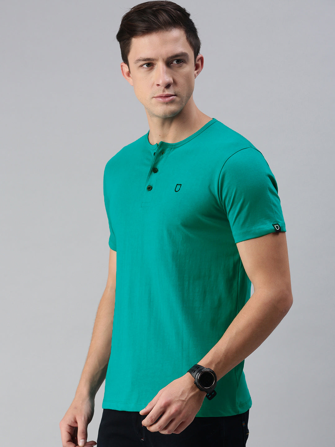 Men's Teal Green Solid Henley Neck Slim Fit Cotton T-Shirt