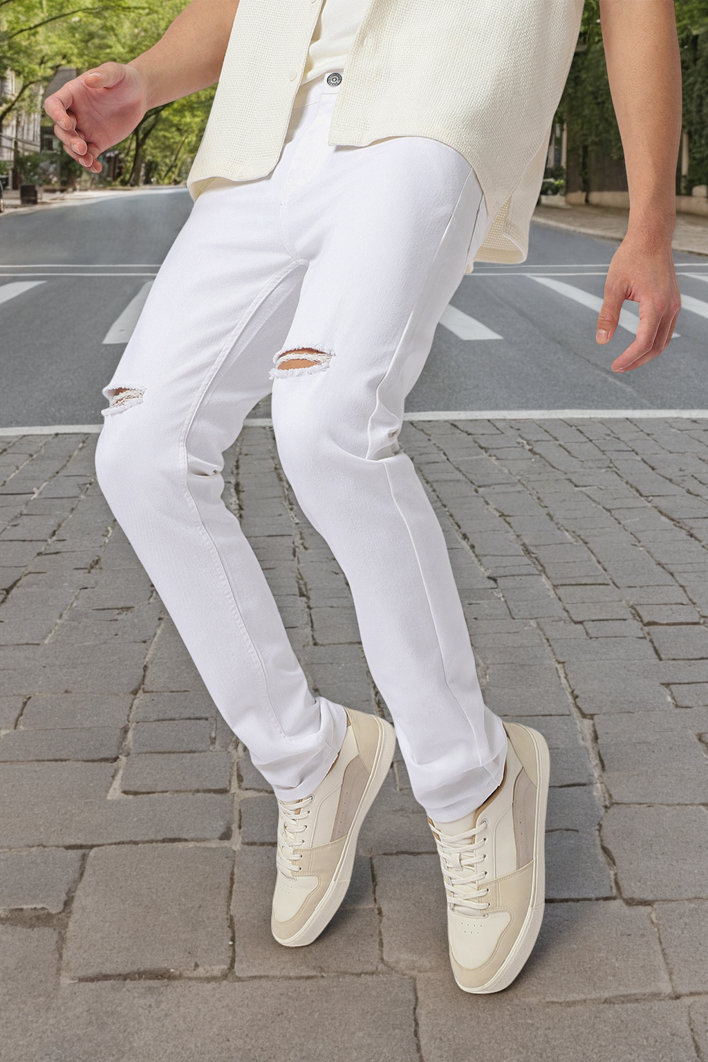 Men's White Slim Fit Knee Slit Distressed Jeans Stretch