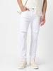 Men's White Slim Fit Knee Slit Distressed Jeans Stretch