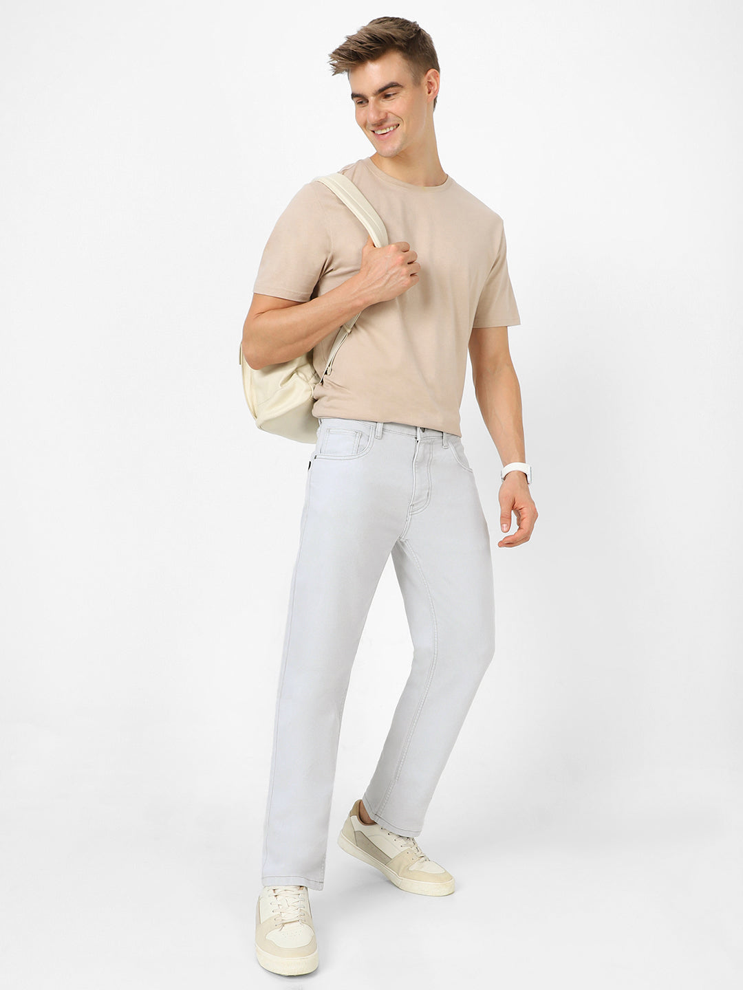 Men's Whitish Grey Regular Fit Washed Jeans Stretchable