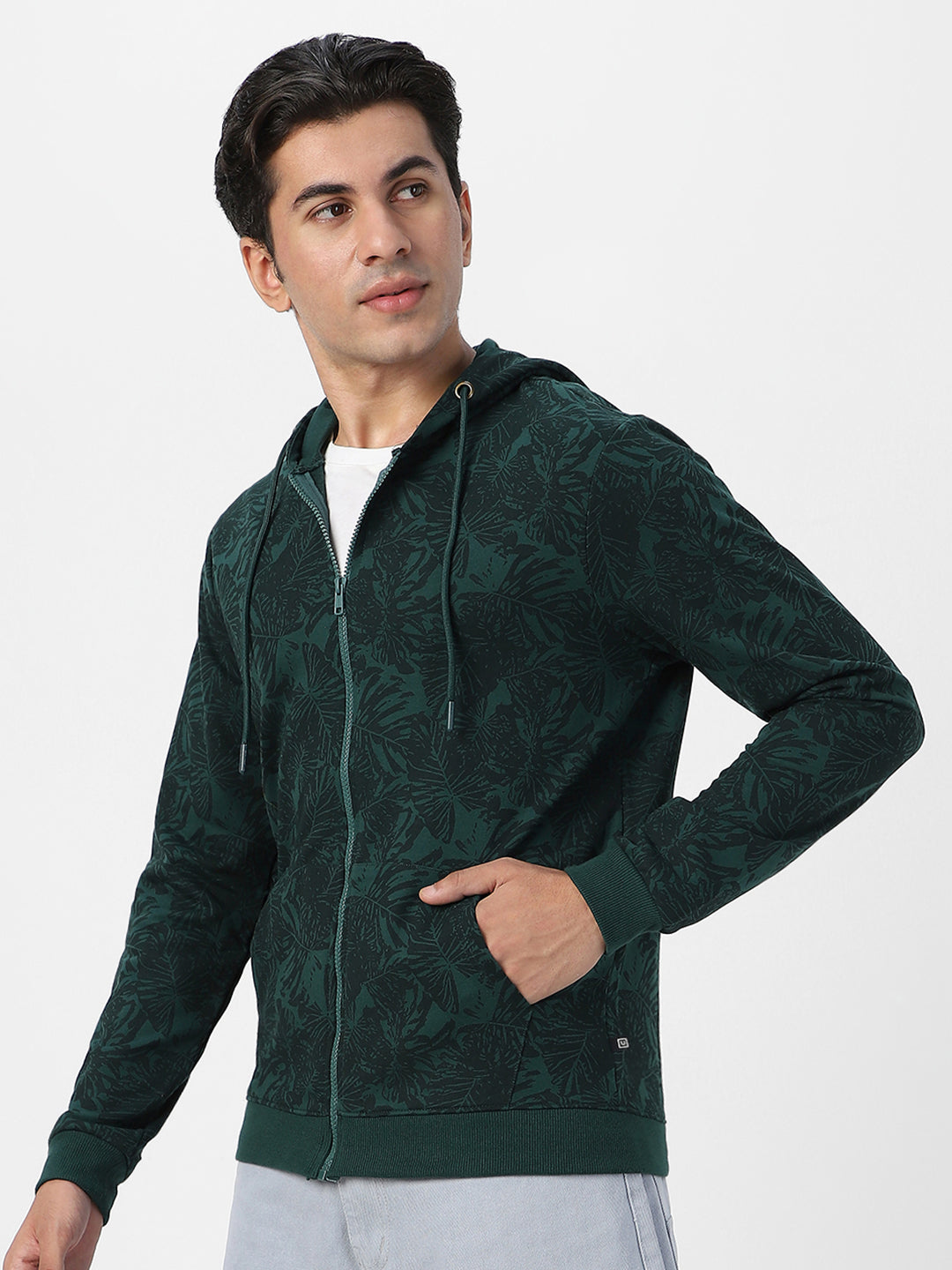 Men's Dark Green Regular Fit Printed Full Sleeve Winterwear Hooded Sweatshirt