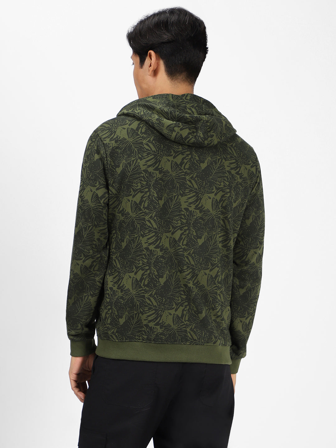 Men's Olive Green Regular Fit Printed Full Sleeve Winterwear Hooded Sweatshirt