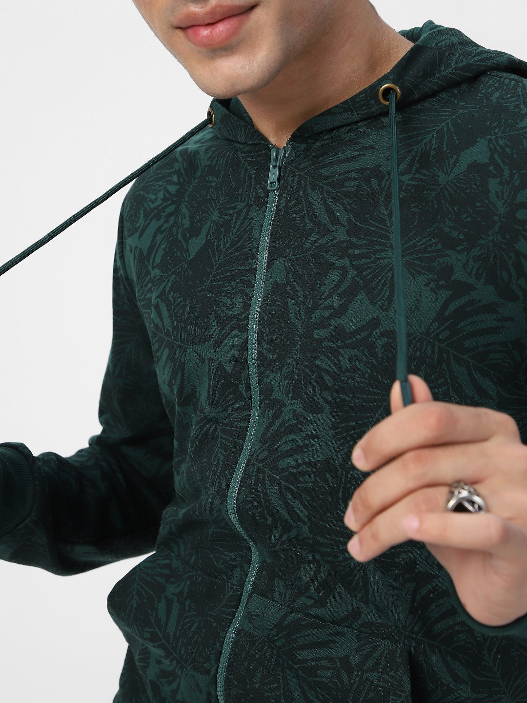 Men's Dark Green Regular Fit Printed Full Sleeve Winterwear Hooded Sweatshirt