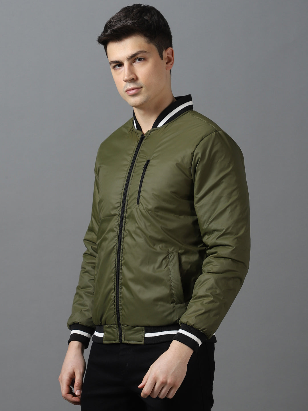 Men's Green Full Sleeve Zippered Bomber Jacket