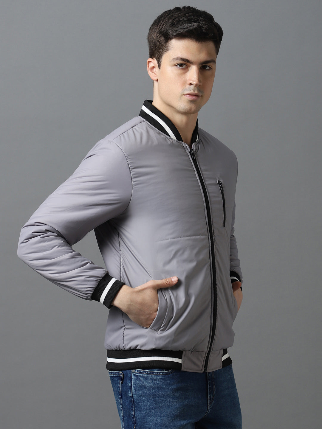 Men's Grey Full Sleeve Zippered Bomber Jacket