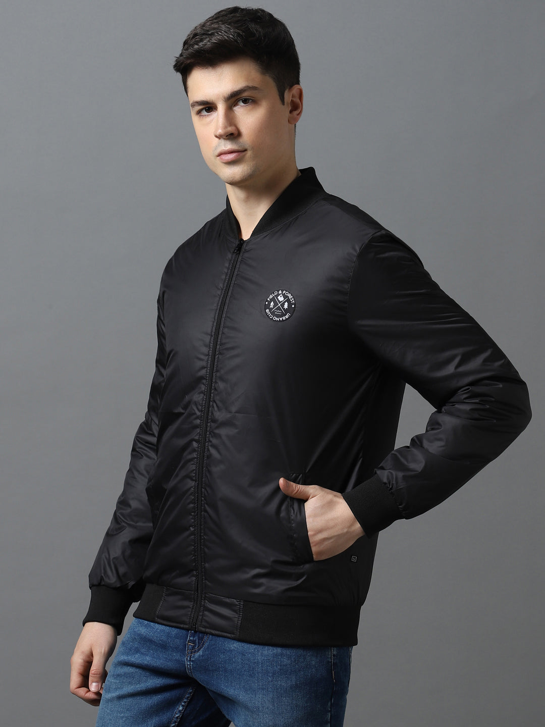 Men's Black Full Sleeve Zippered Bomber Jacket