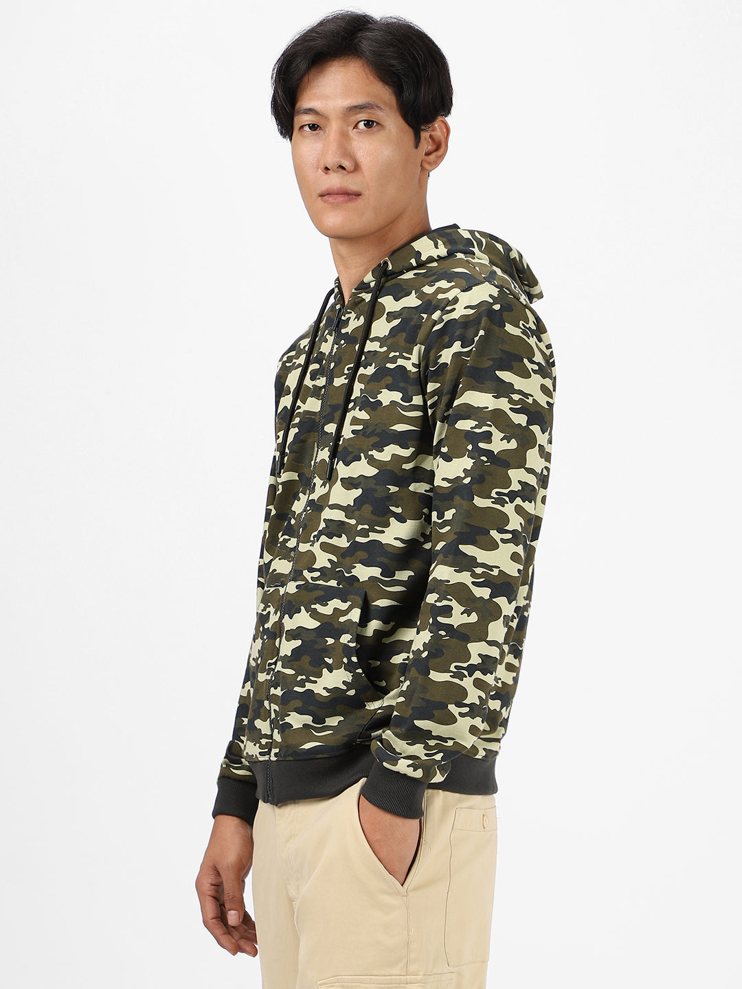 Men's Khaki Green Regular Fit Camouflage Printed Full Sleeve Casual Hooded Sweatshirt