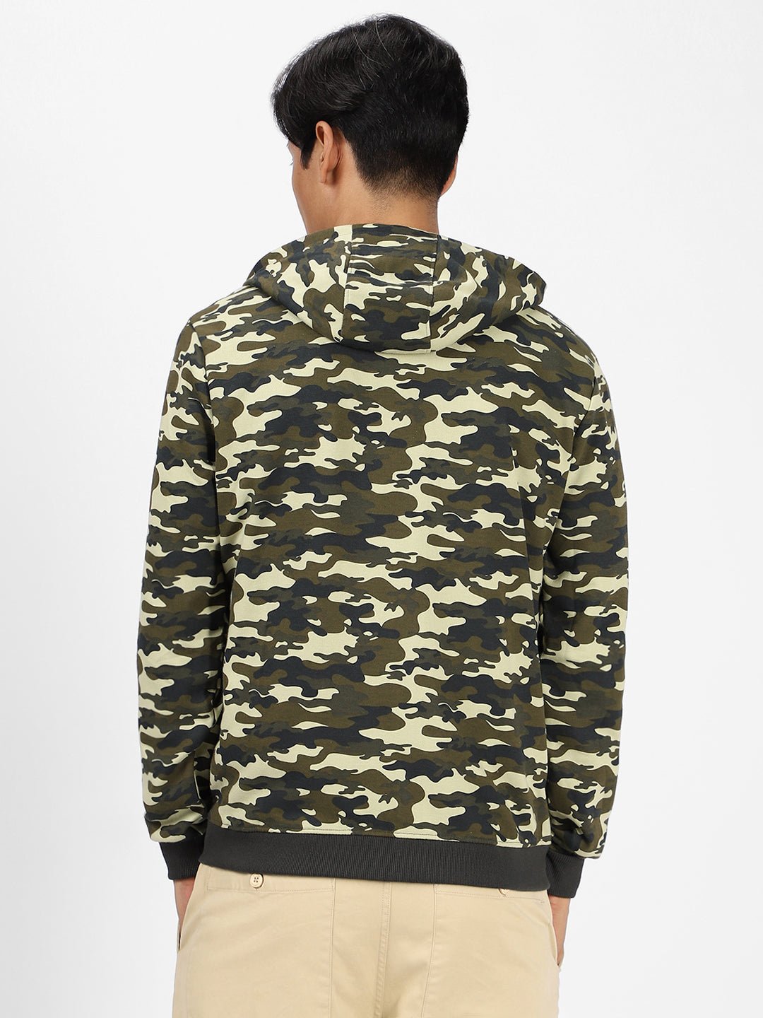 Men's Khaki Green Regular Fit Camouflage Printed Full Sleeve Casual Hooded Sweatshirt