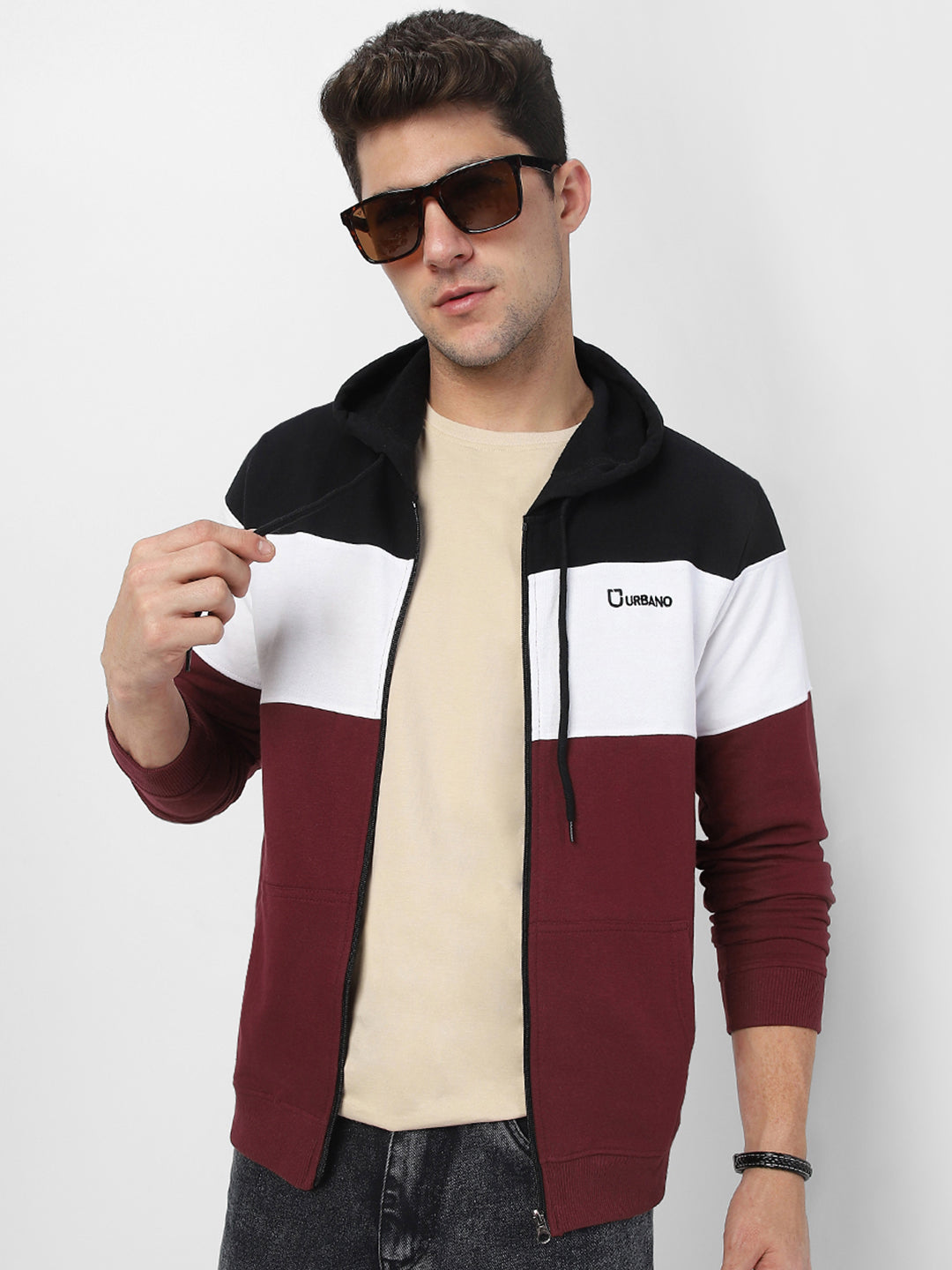 Men's Black, White, Maroon Color Block Cotton Zippered Hooded Sweatshirt