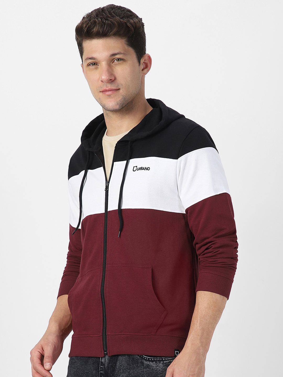 Men's Black, White, Maroon Color Block Cotton Zippered Hooded Sweatshirt