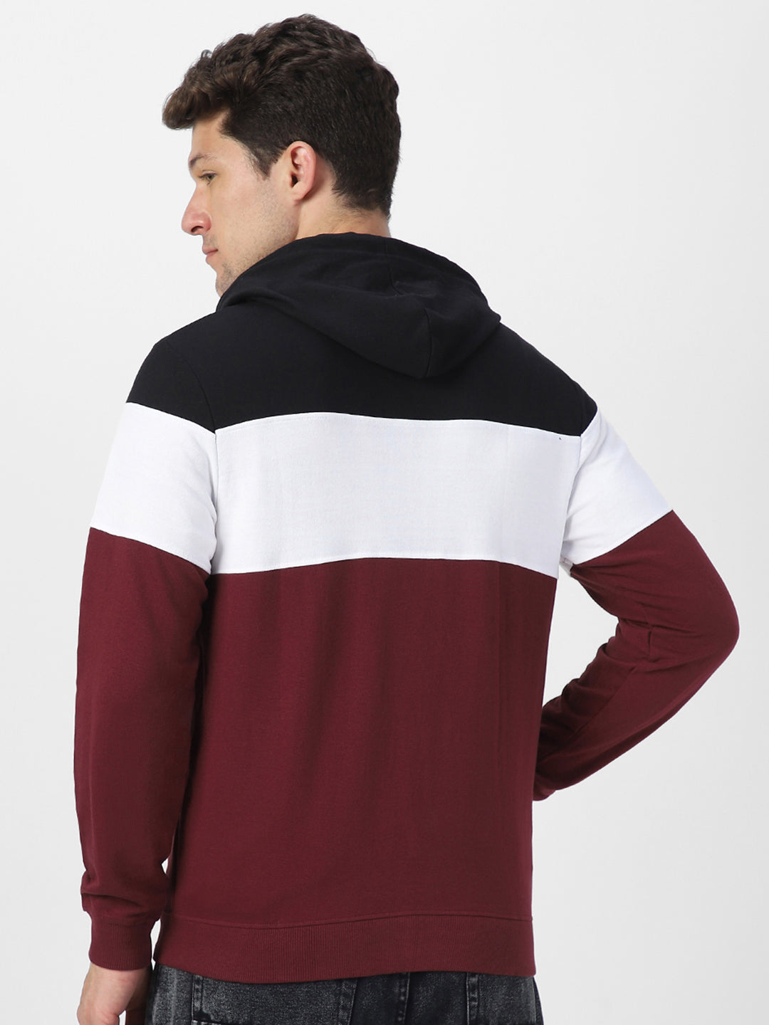 Men's Black, White, Maroon Color Block Cotton Zippered Hooded Sweatshirt