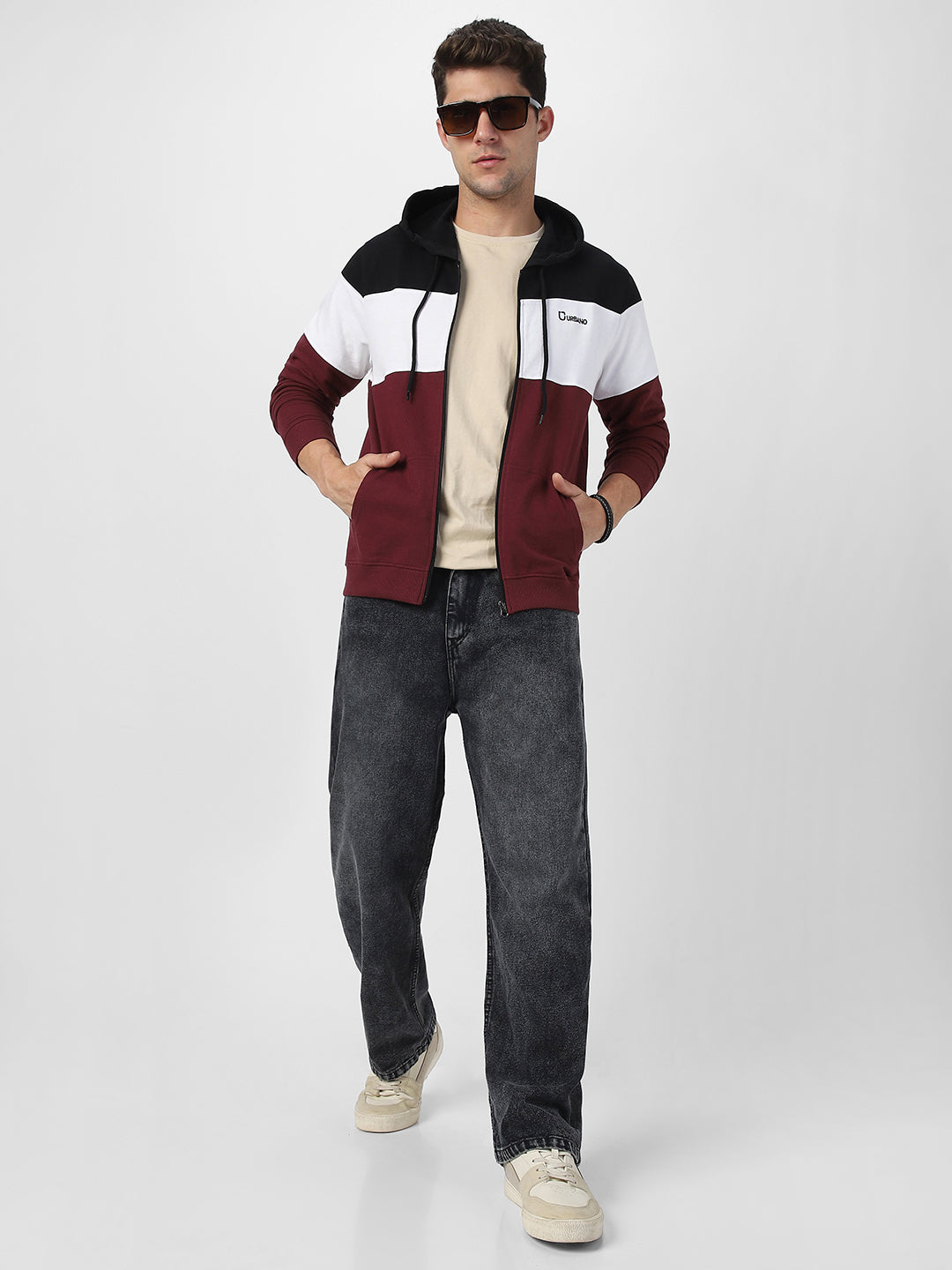 Men's Black, White, Maroon Color Block Cotton Zippered Hooded Sweatshirt