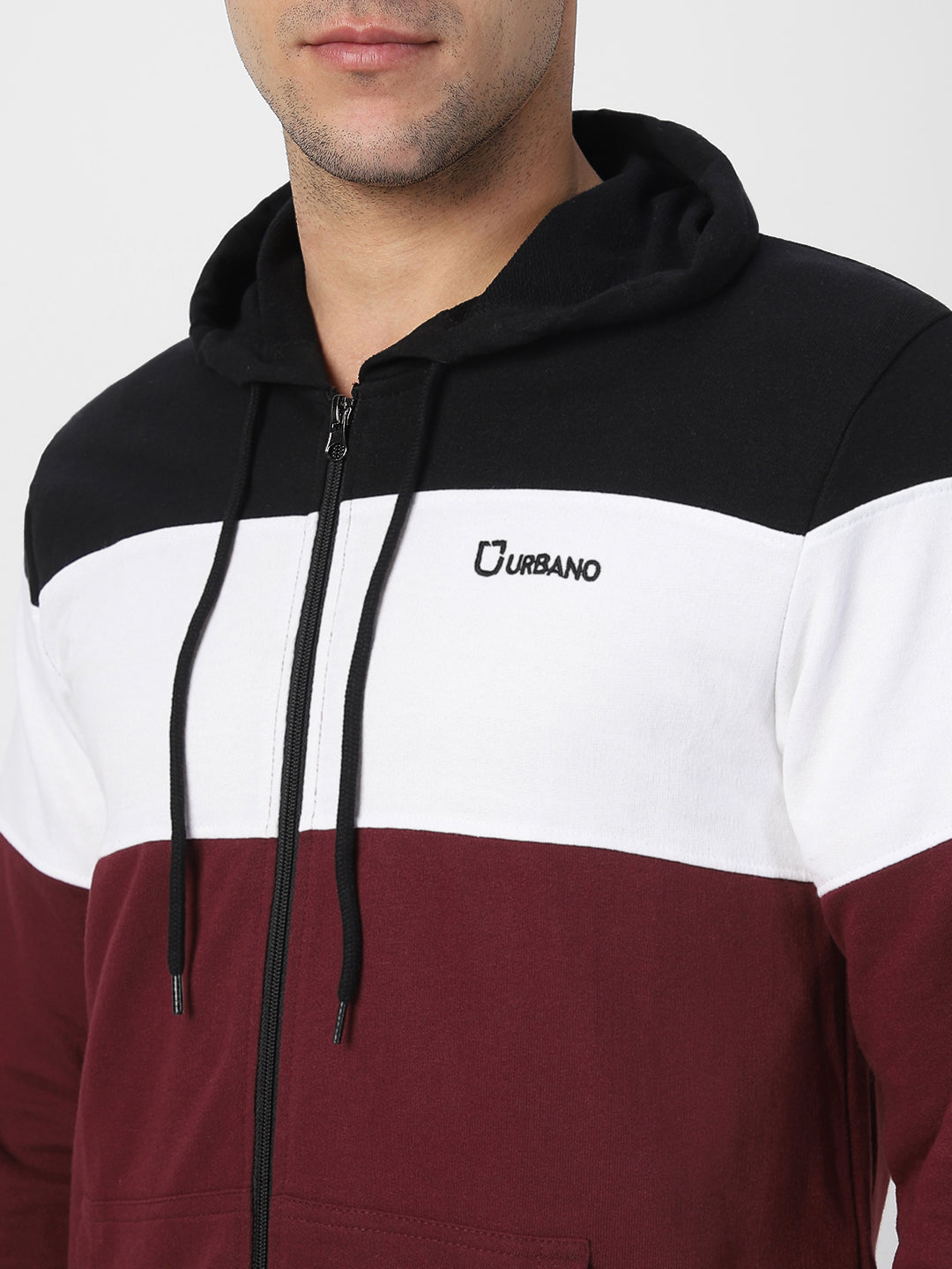 Men's Black, White, Maroon Color Block Cotton Zippered Hooded Sweatshirt