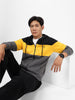 Men's Black, Yellow, Charcoal Color Block Cotton Zippered Hooded Sweatshirt