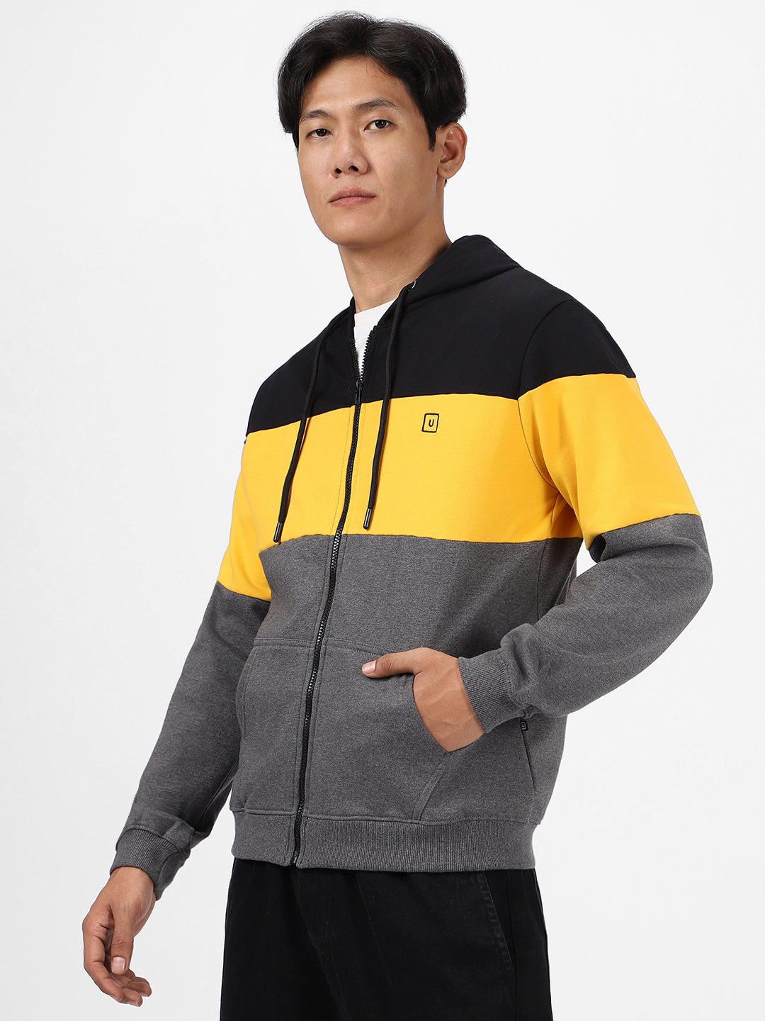 Men's Black, Yellow, Charcoal Color Block Cotton Zippered Hooded Sweatshirt