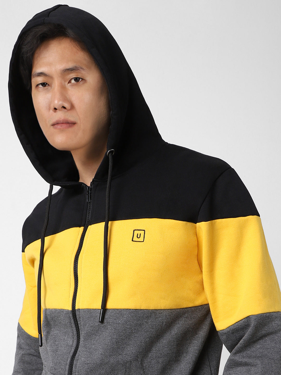 Men s Black Yellow Charcoal Cotton Zippered Hooded Sweatshirt Urbano Fashion