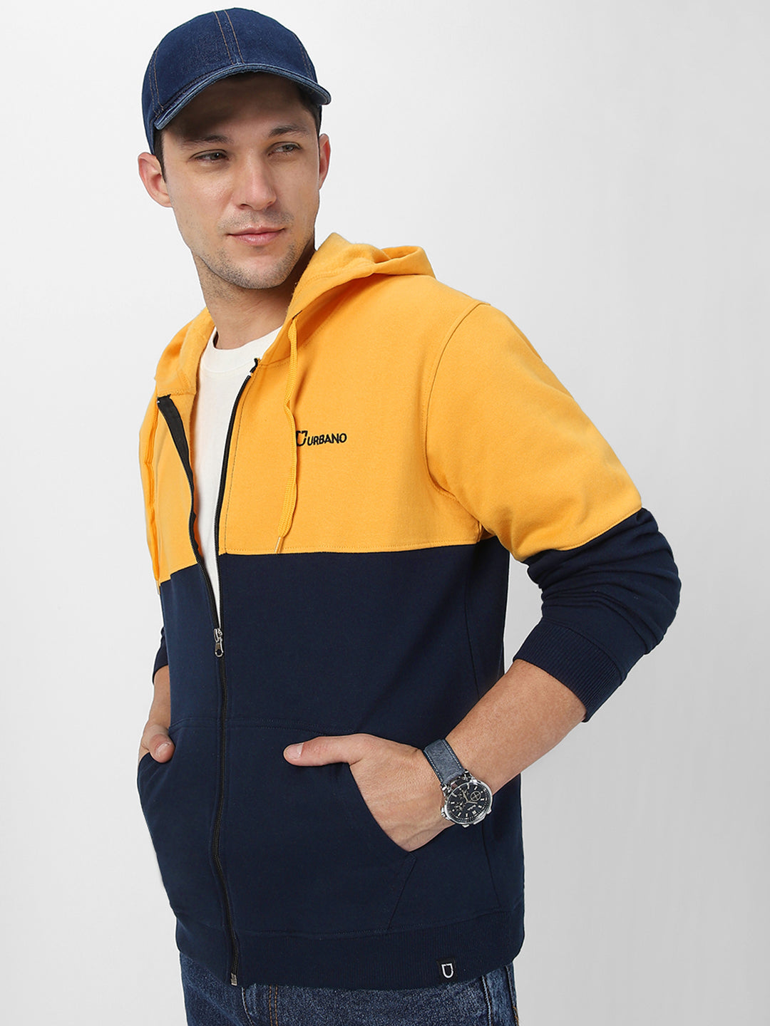 Men's Yellow, Navy Color Block Cotton Zippered Hooded Sweatshirt