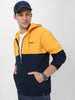 Men's Yellow, Navy Color Block Cotton Zippered Hooded Sweatshirt