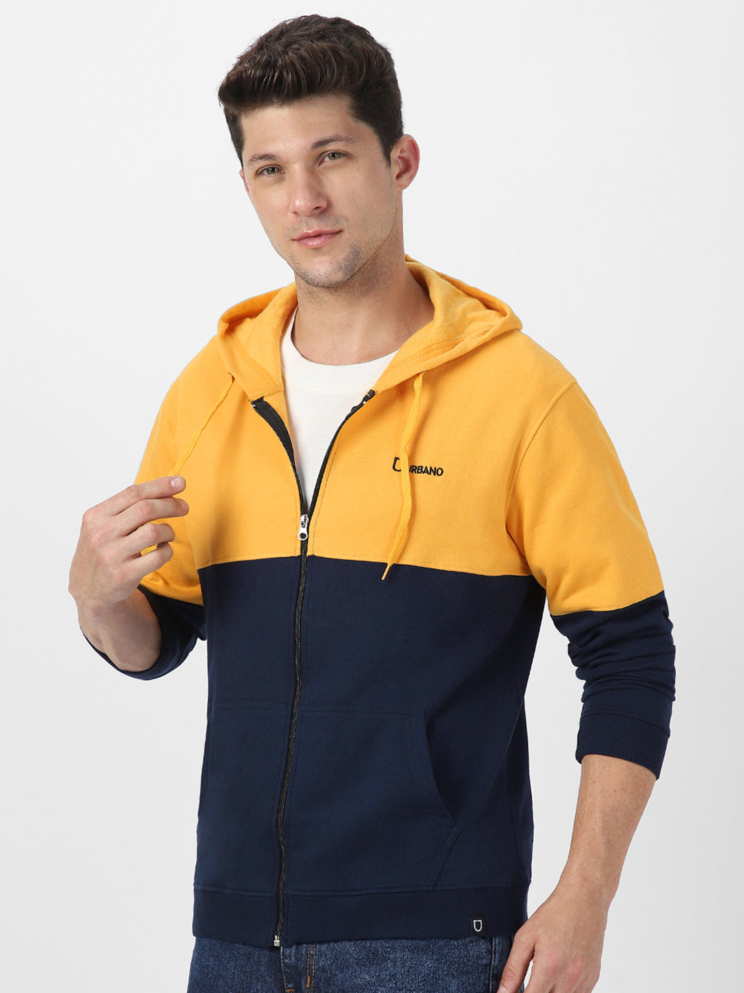 Men's Yellow, Navy Color Block Cotton Zippered Hooded Sweatshirt