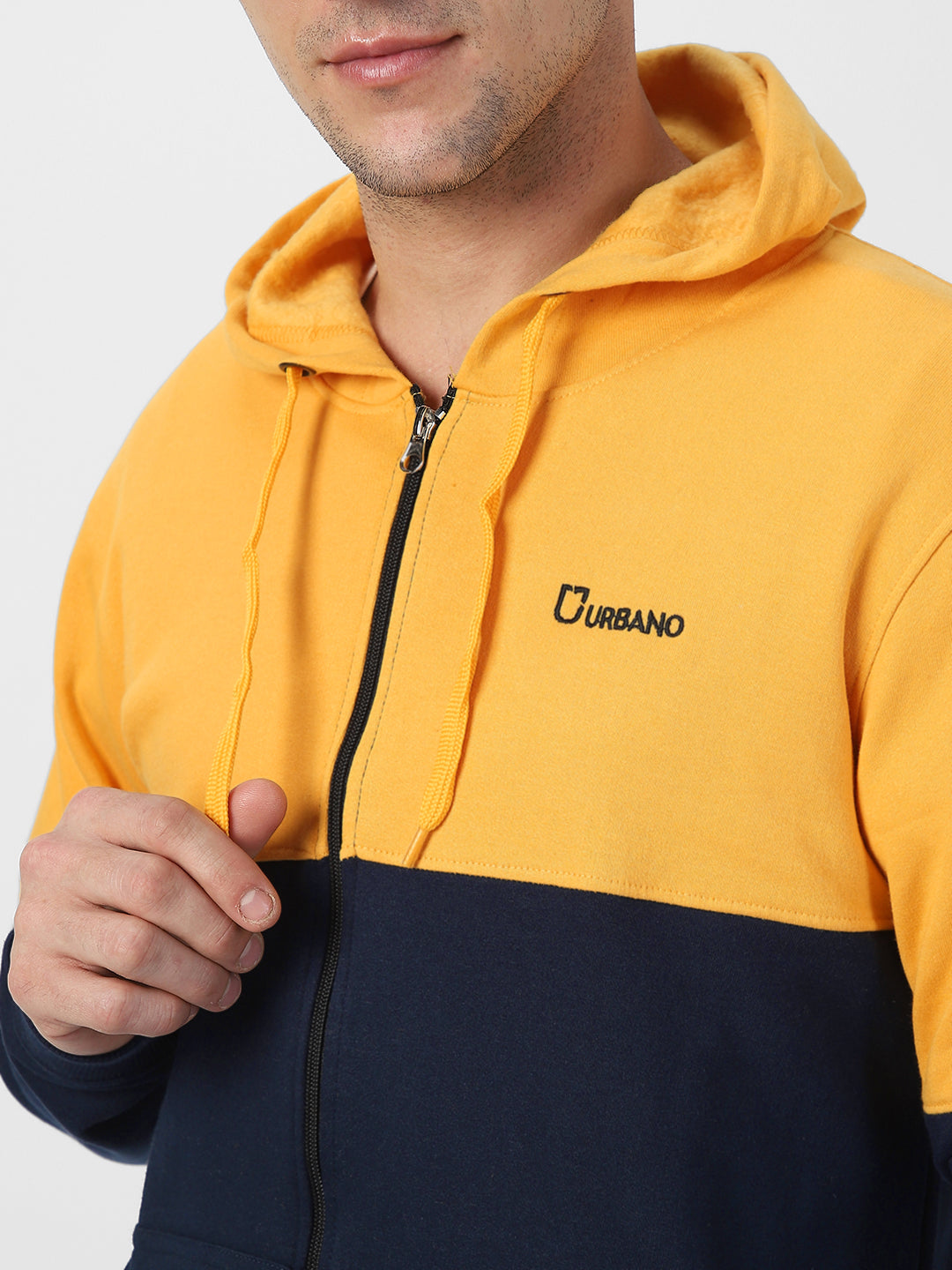 Men's Yellow, Navy Color Block Cotton Zippered Hooded Sweatshirt