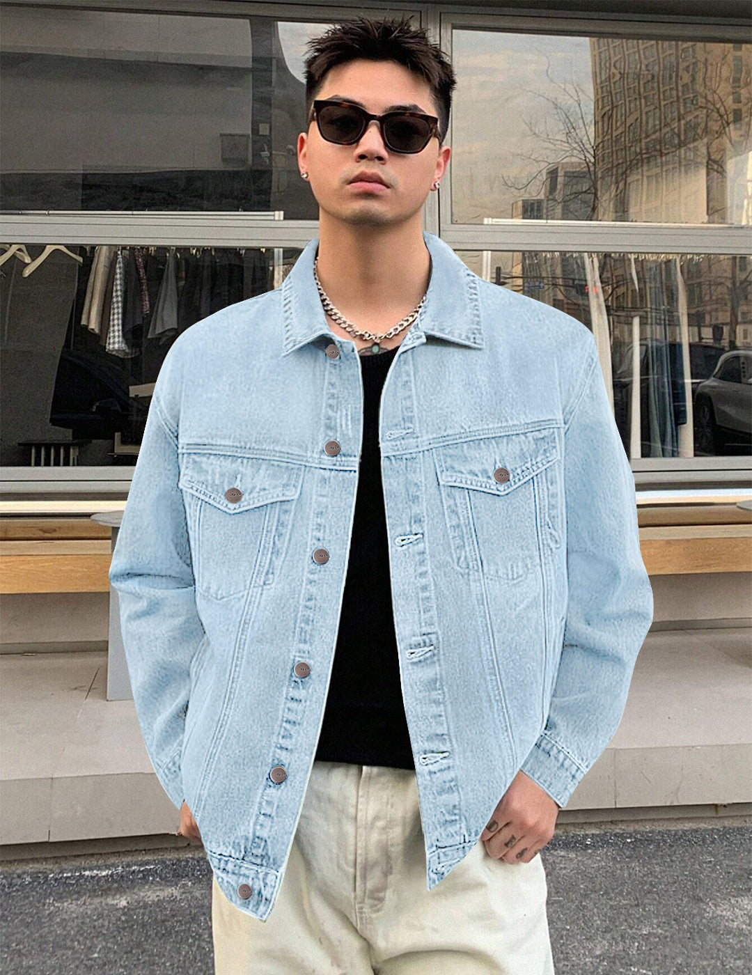 Men's Ice Blue Regular Fit Washed Full Sleeve Denim Jacket