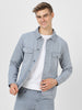 Men's Light Grey Solid Regular Fit Washed Full Sleeve Denim Jacket