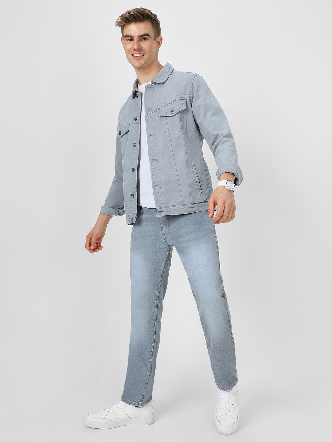 Men's Light Grey Solid Regular Fit Washed Full Sleeve Denim Jacket