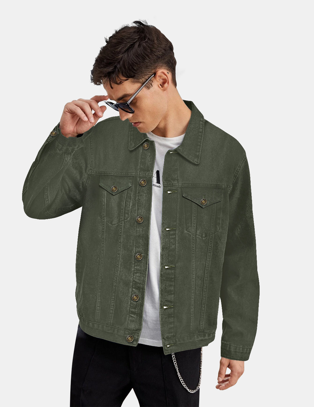 Men's Olive Green Regular Fit Washed Full Sleeve Denim Jacket