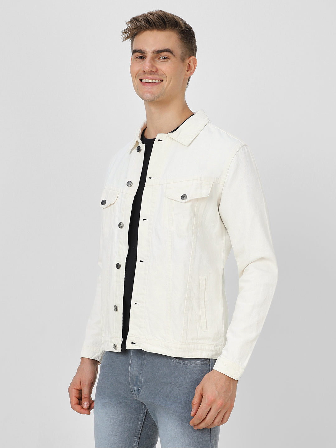 Men's White Regular Fit Washed Full Sleeve Denim Jacket