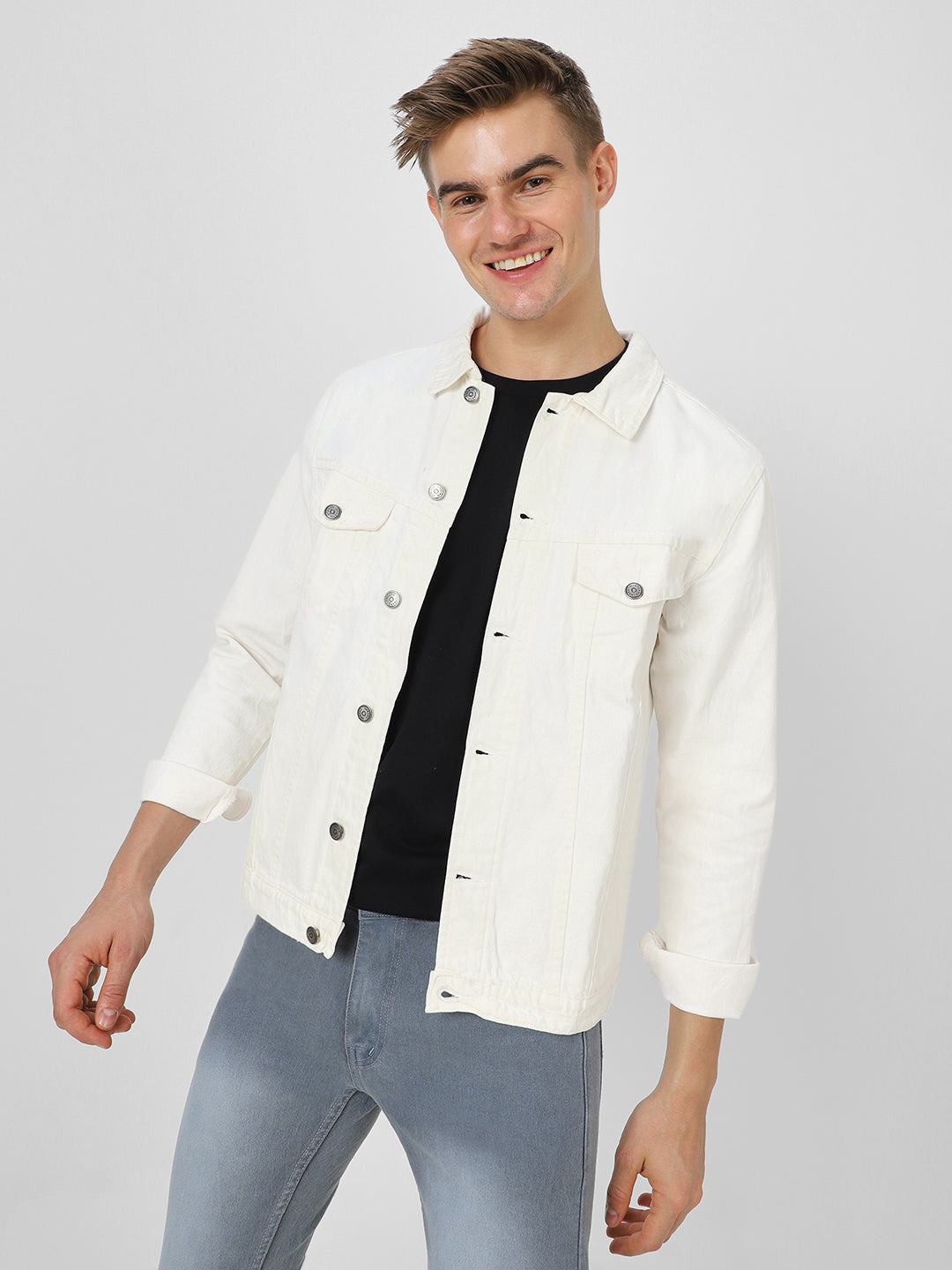 Men's White Regular Fit Washed Full Sleeve Denim Jacket