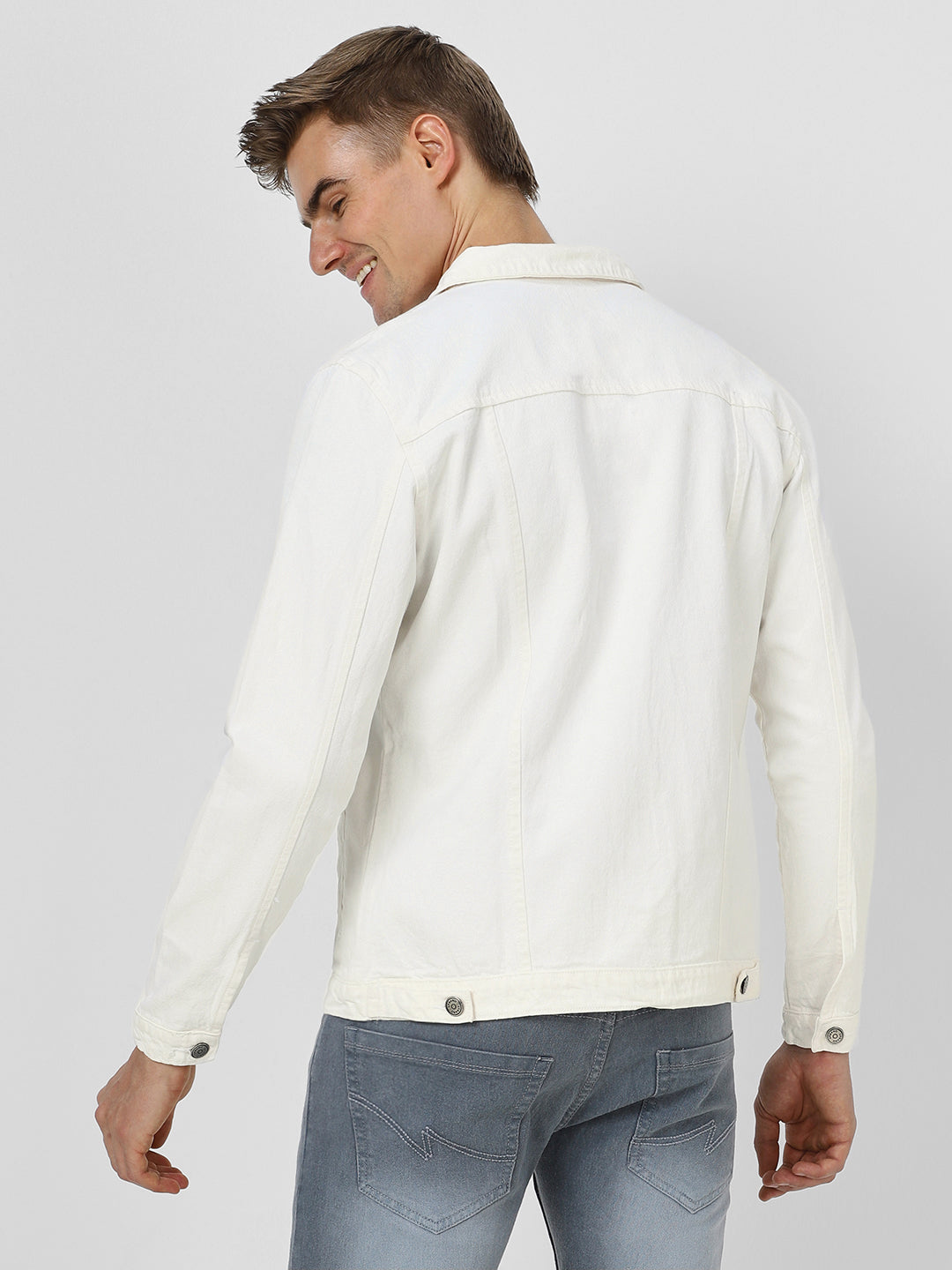 Men's White Regular Fit Washed Full Sleeve Denim Jacket