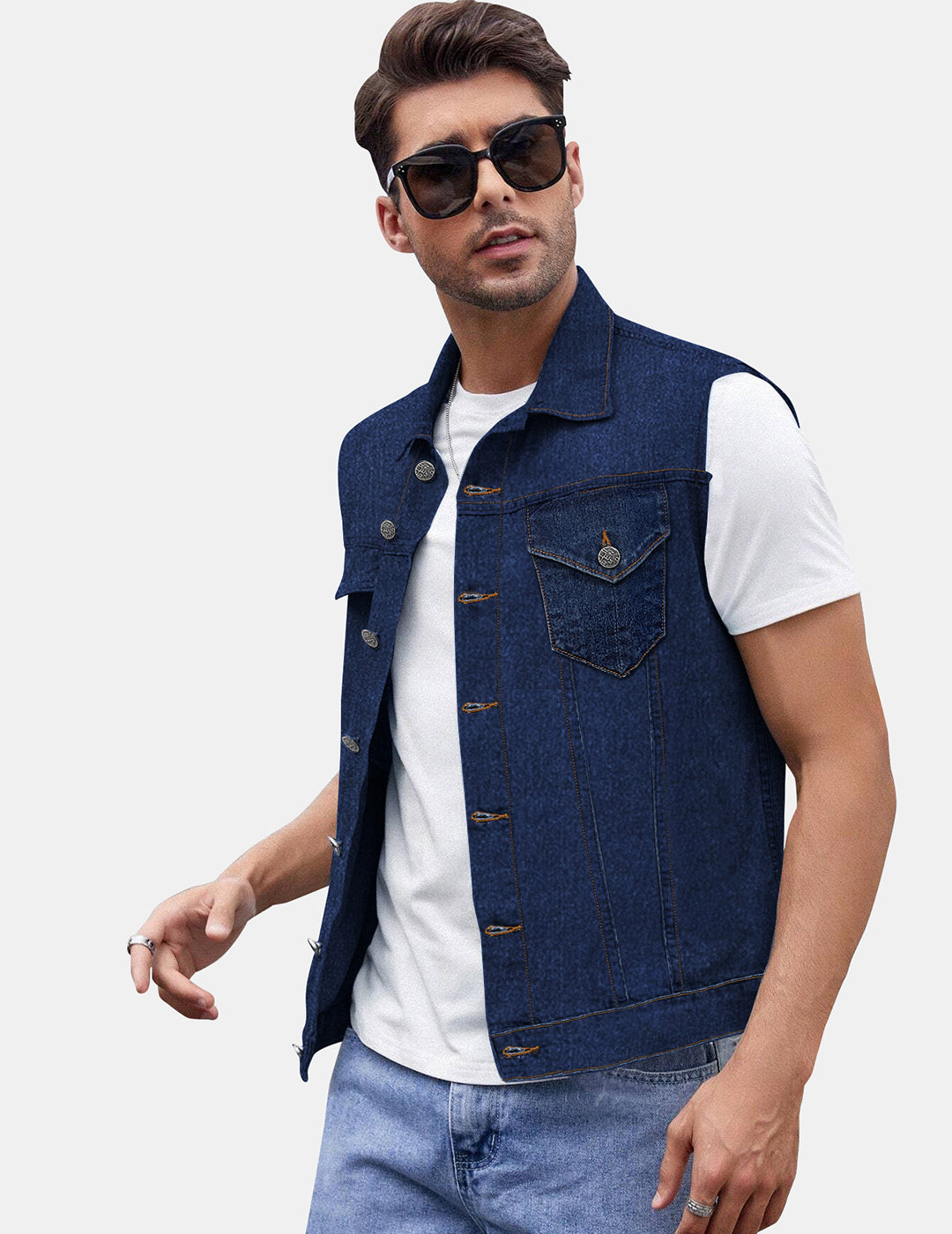 Men's Blue Slim Fit Washed Sleeveless Denim Jacket