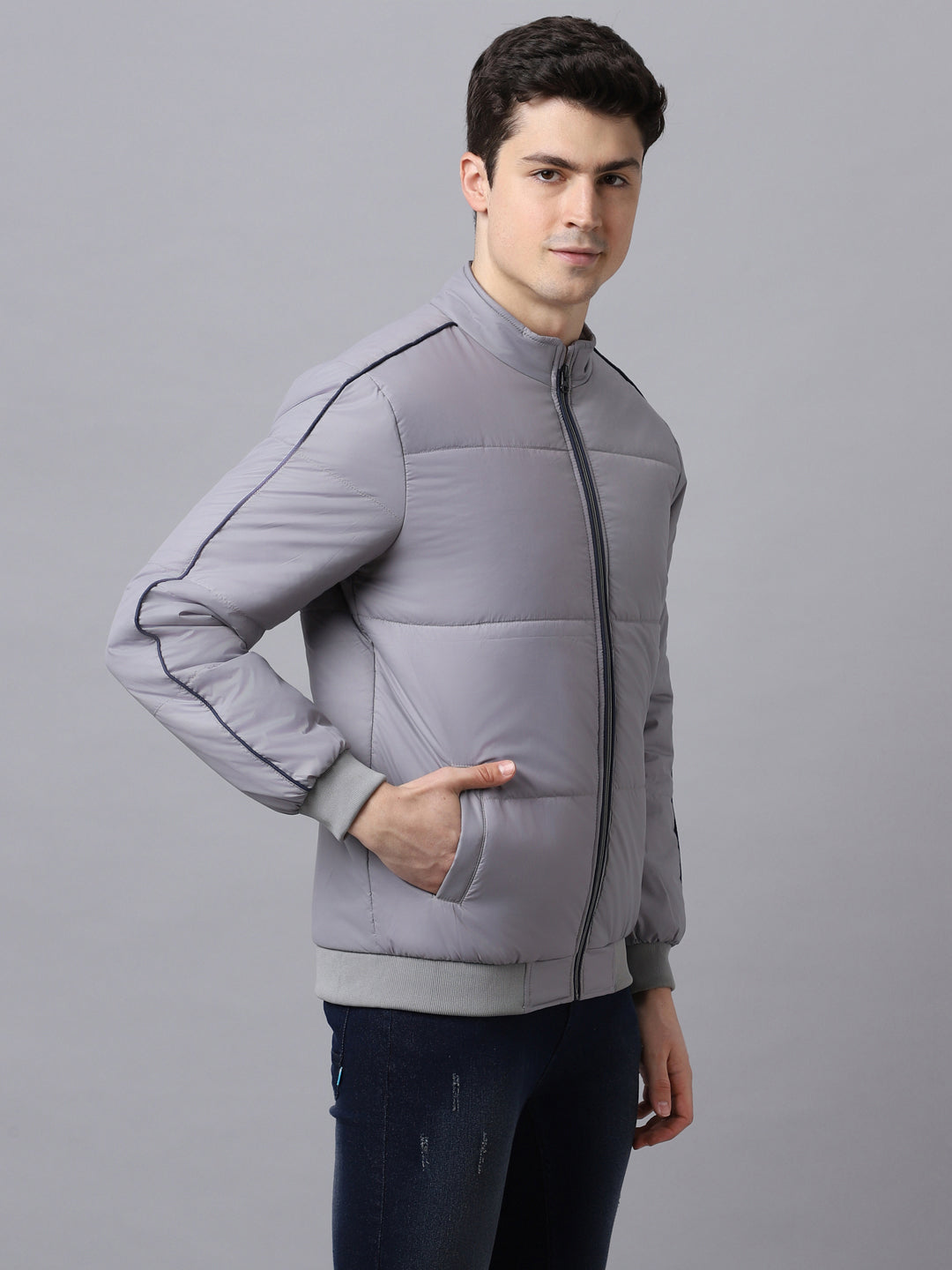 Men's Grey Full Sleeve Zippered Puffer Jacket