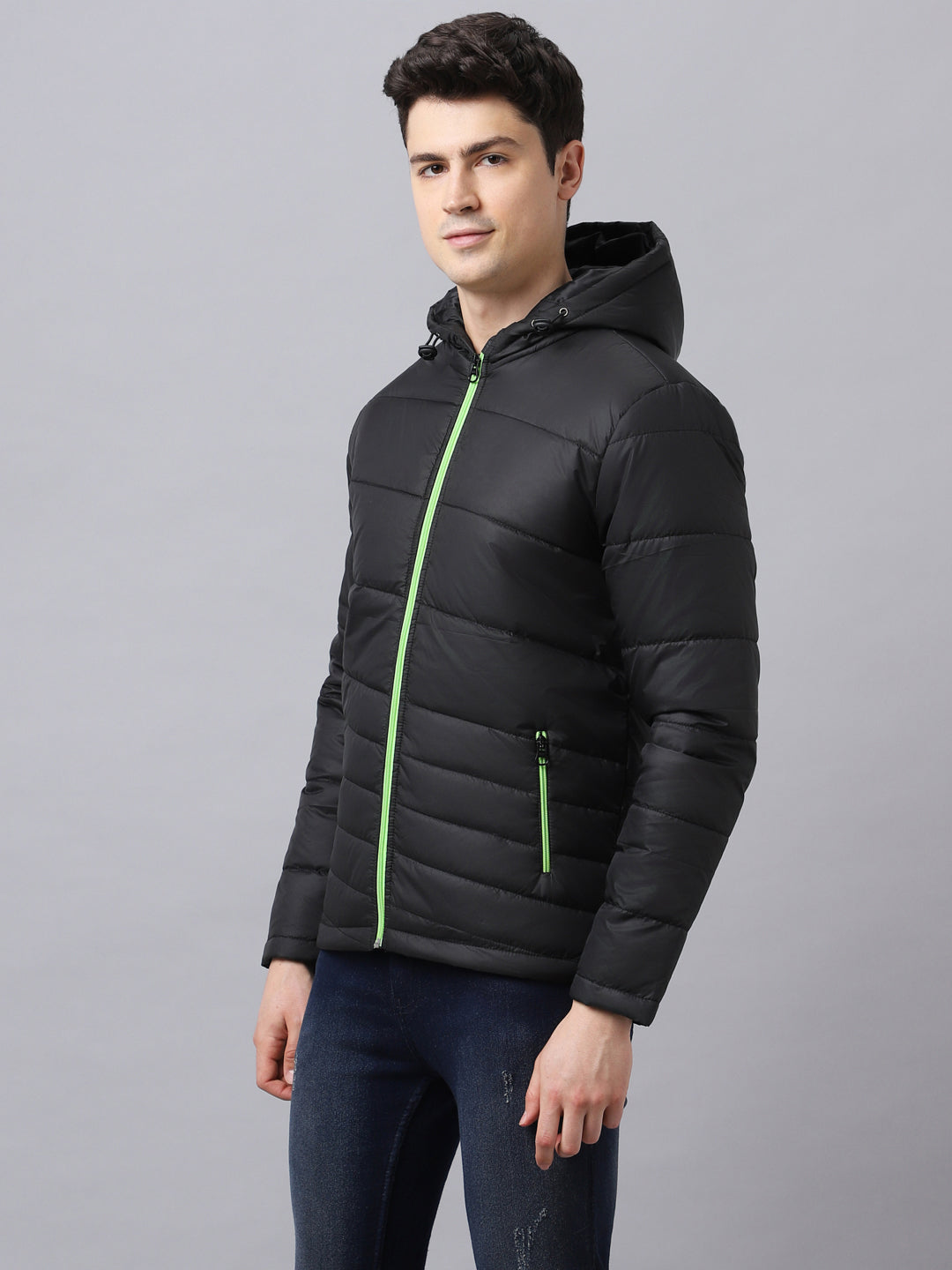 Men's Black Full Sleeve Zippered Hooded Neck Puffer Jacket