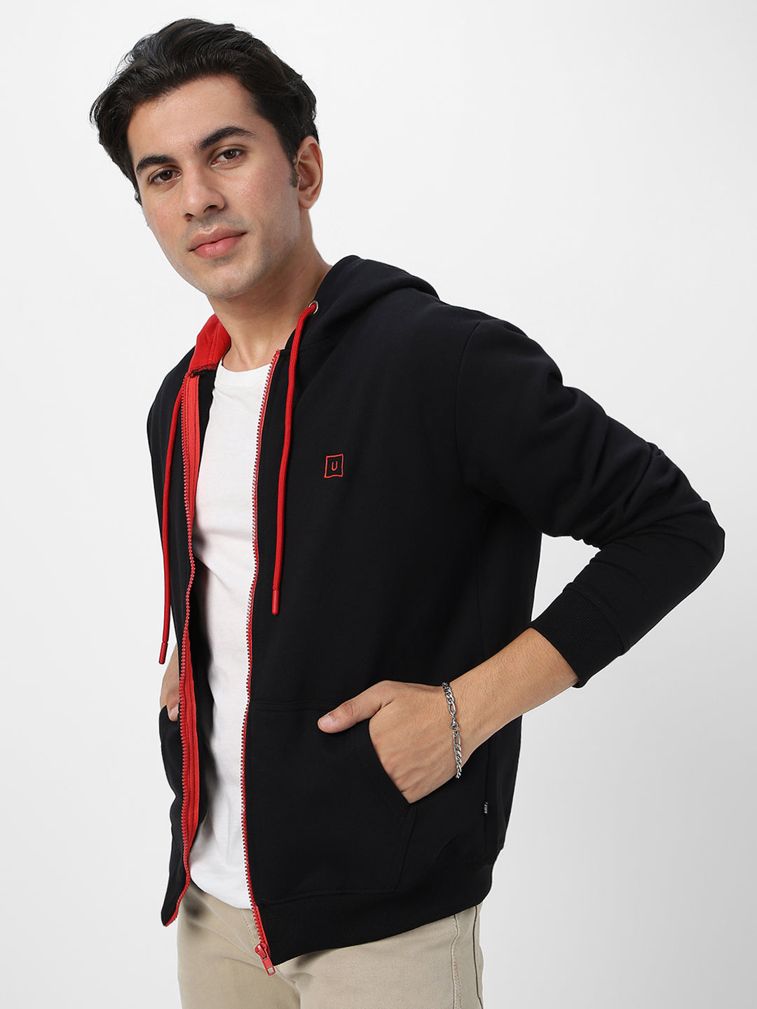 Men's Black, Red Cotton Zippered Hooded Sweatshirt