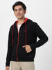 Men's Black, Red Cotton Zippered Hooded Sweatshirt