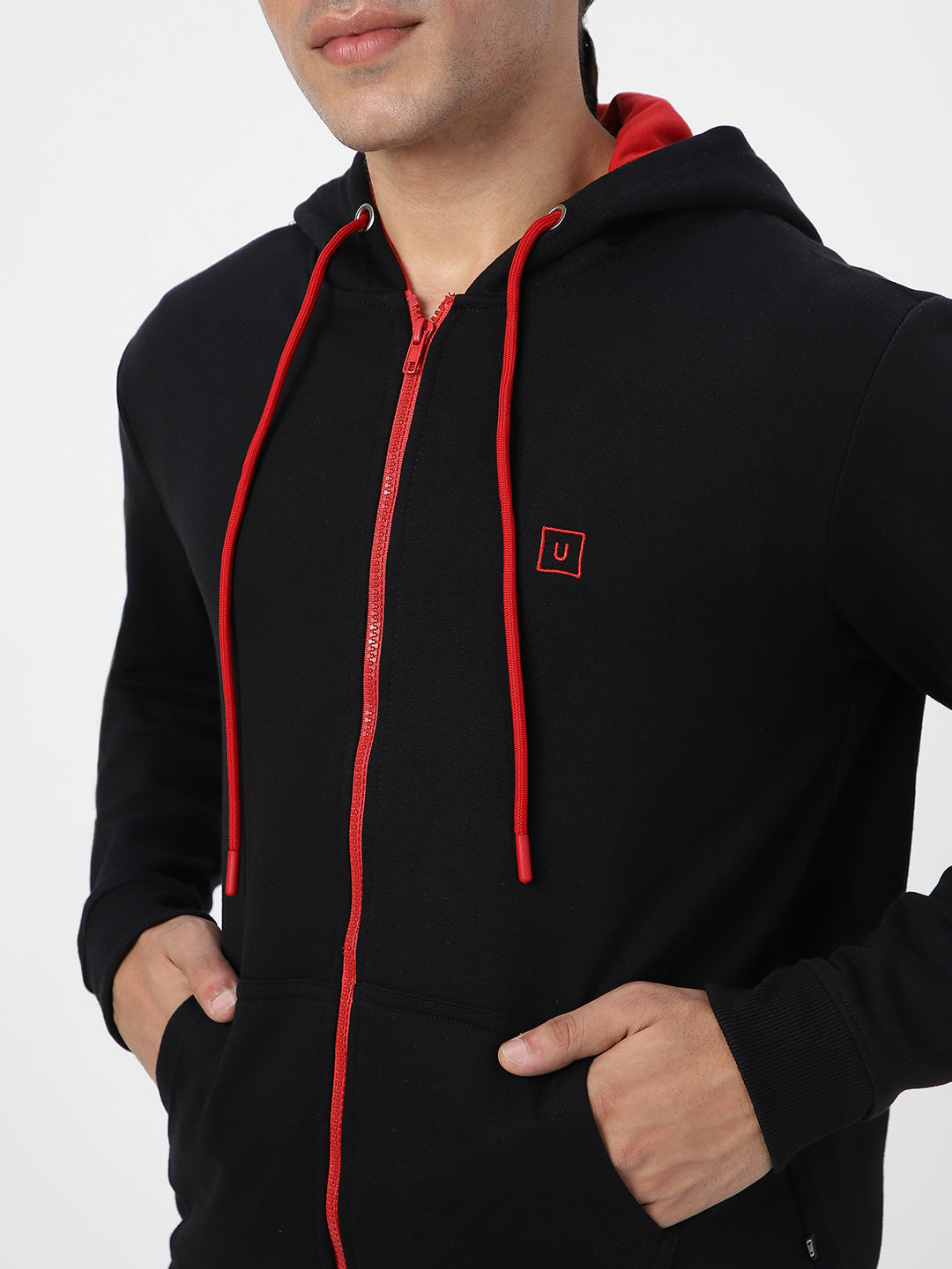 Men's Black, Red Cotton Zippered Hooded Sweatshirt